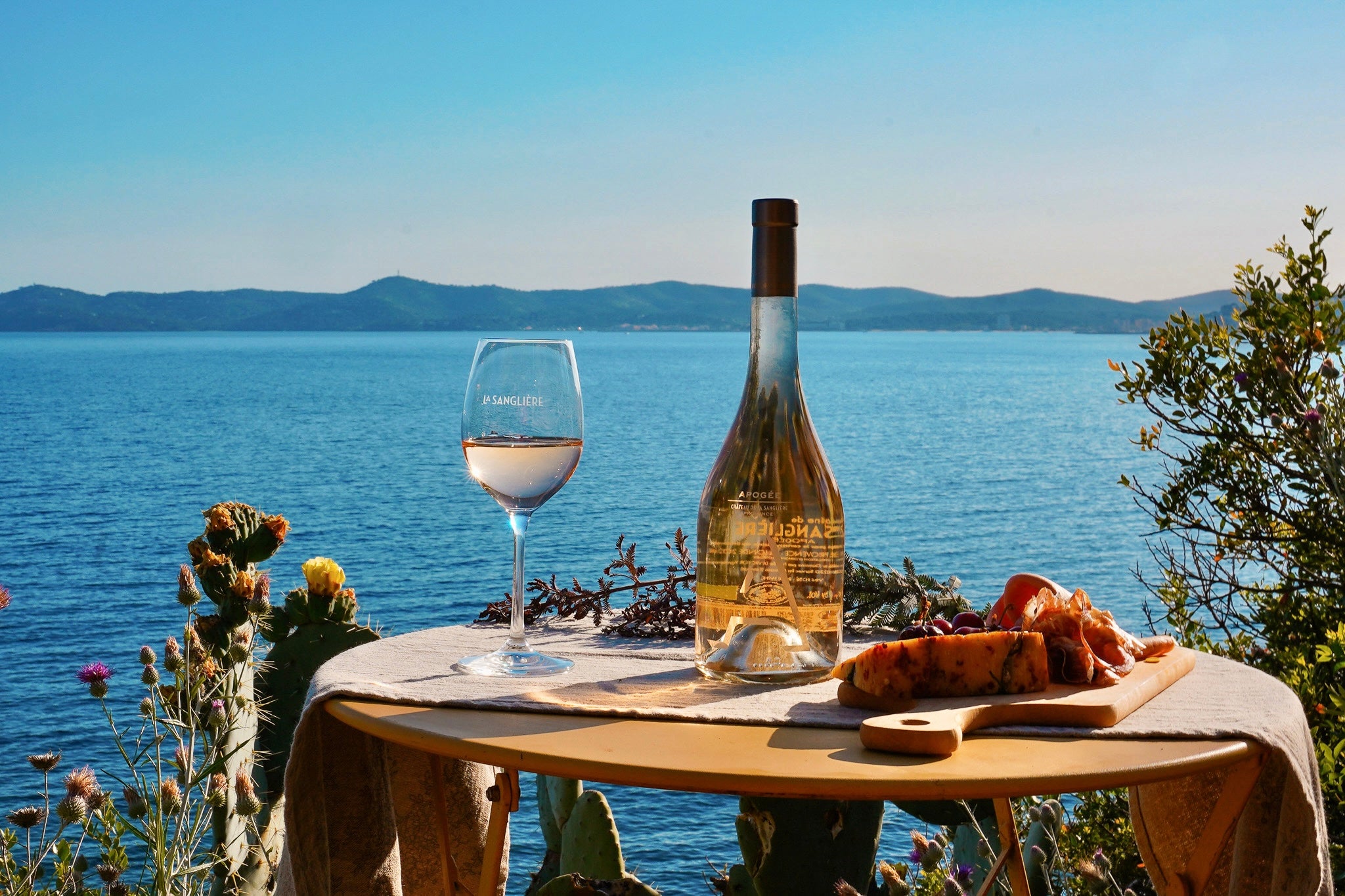 Dégustation de vins du Domaine de la Sanglière en terrasse