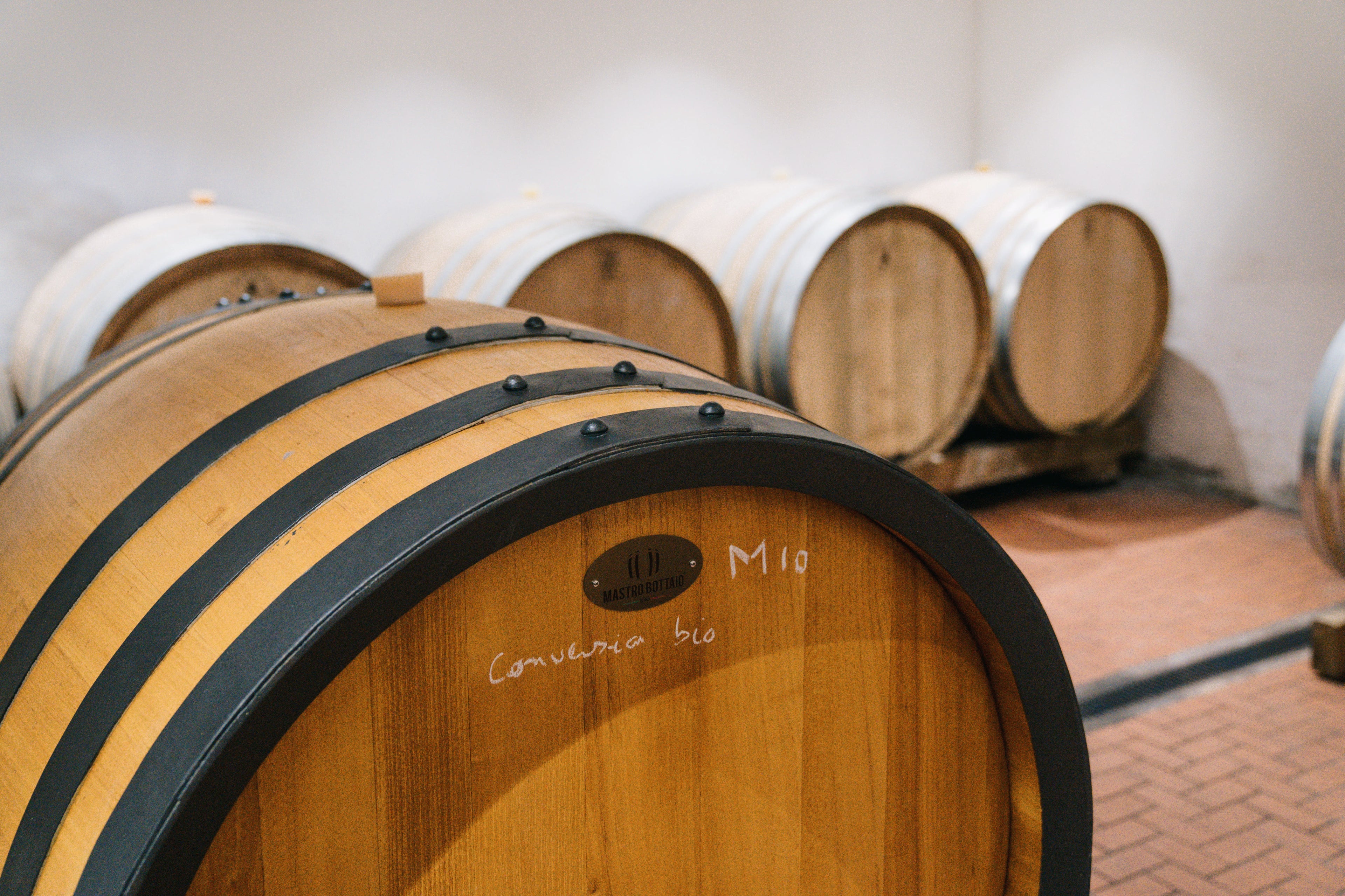 Vieillissement des vins en fûts de chêne dans la cave du domaine.