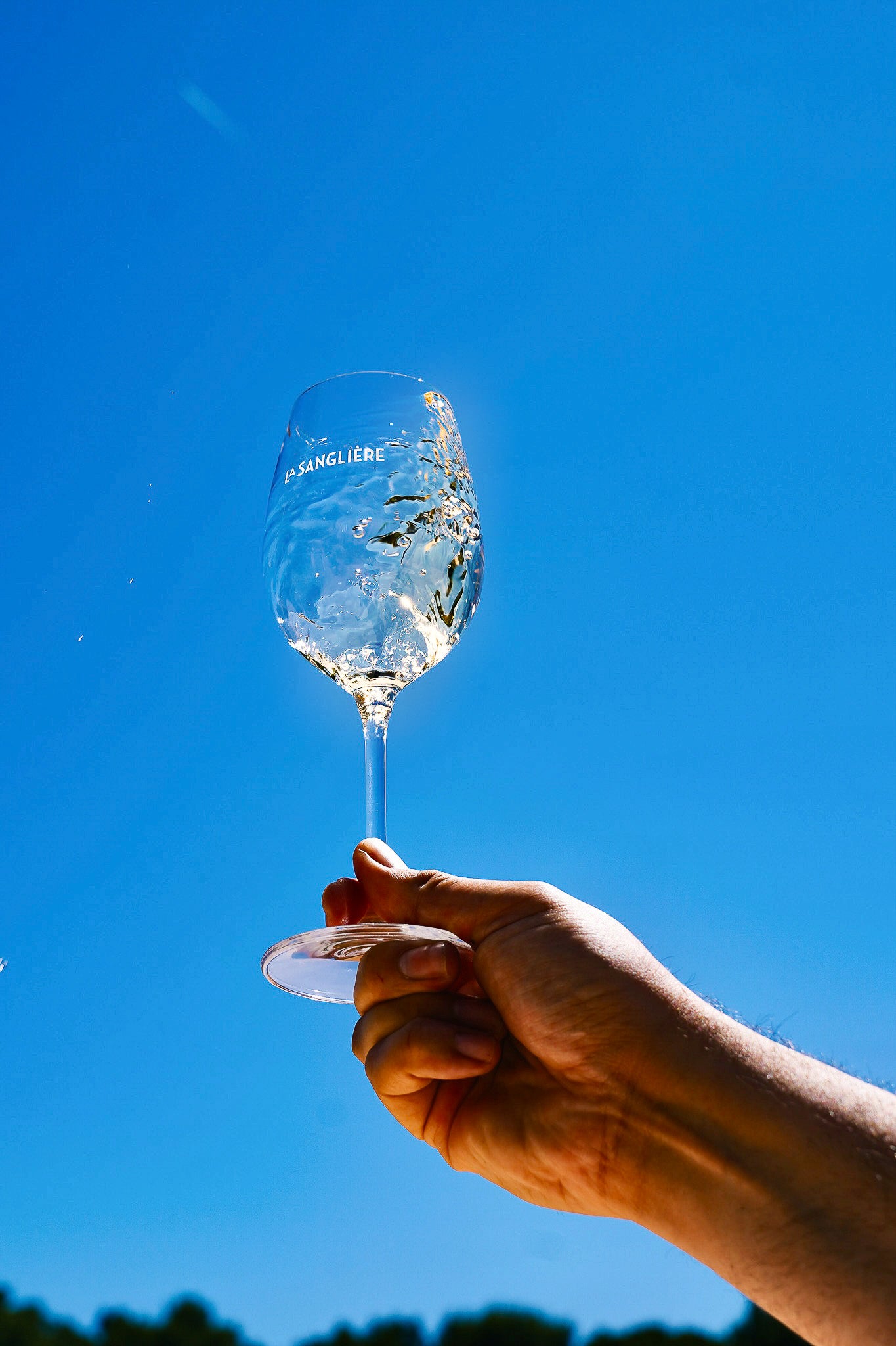 Dégustation d'un verre de vin blanc Apogée du Domaine de la Sanglière sous un ciel bleu azur, symbole de fraîcheur.