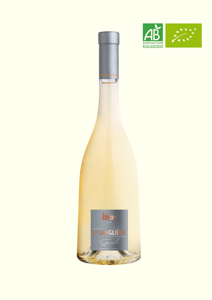 Bouteille Cuvée Spéciale Blanc AOP Côtes de Provence - Domaine de la Sanglière - Notes de fleurs blanches - Label HVE3