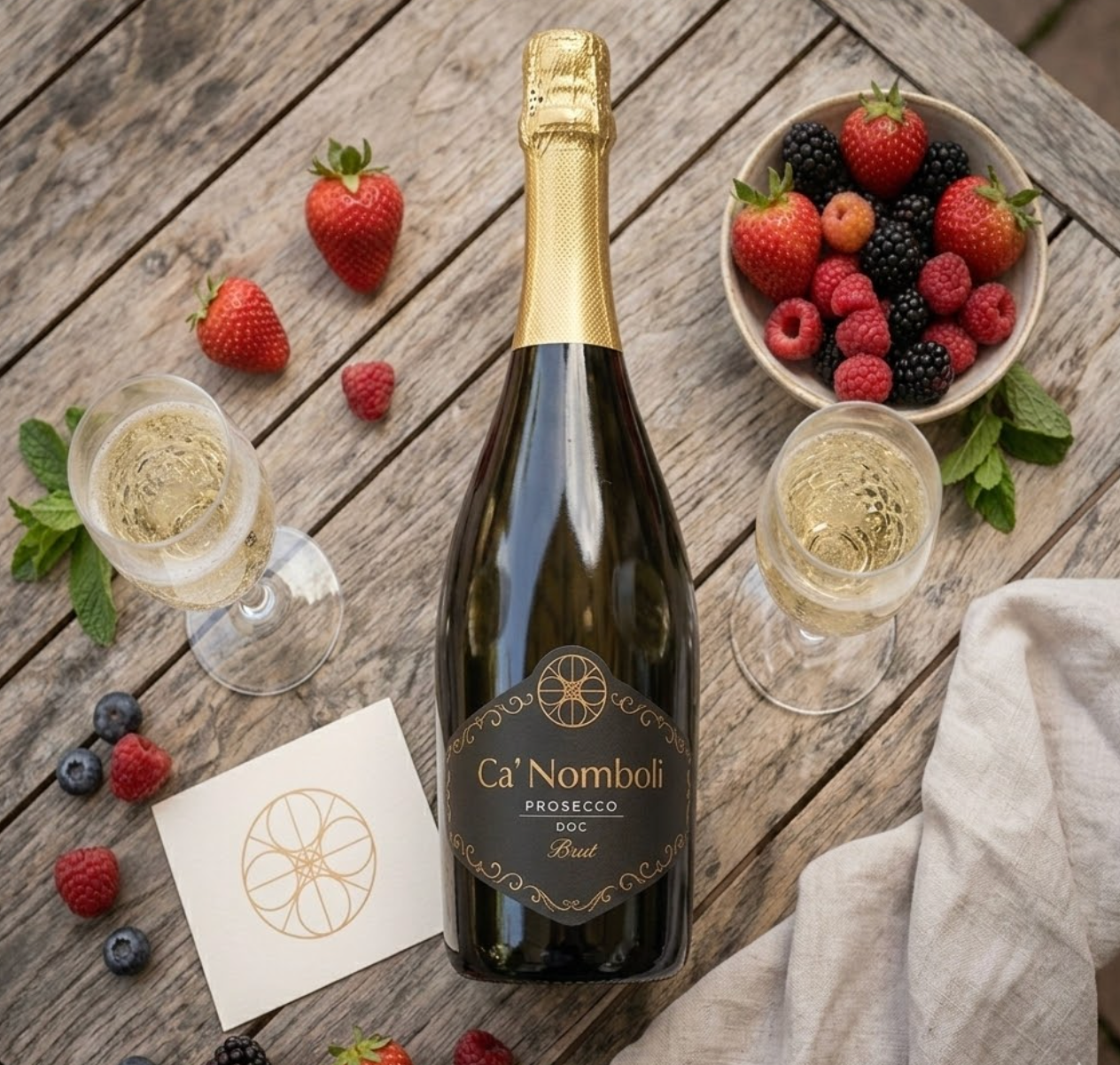 Bouteille de Prosecco Brut Ca' Nomboli DOC présentée sur une table en bois avec des fruits rouges frais, idéale pour un apéritif en famille vendu au Domaine de la Sanglière à Bormes.