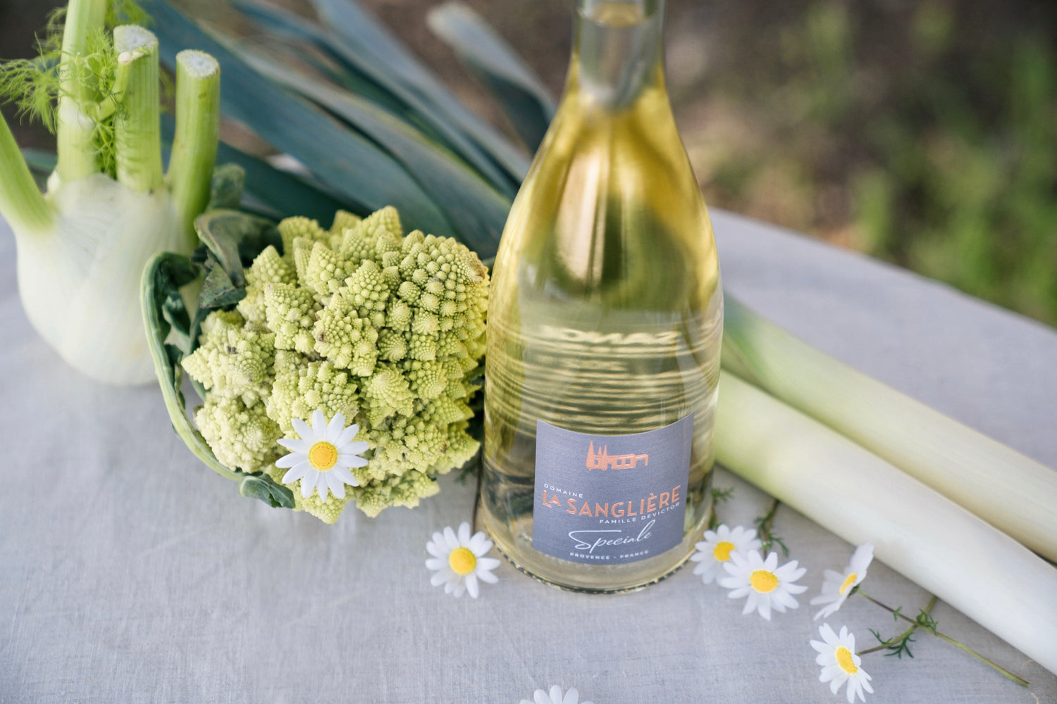 Bouteille de vin blanc Gamme Spéciale du Domaine de la Sanglière, AOP Côtes de Provence, fraîcheur et finesse méditerranéenne.