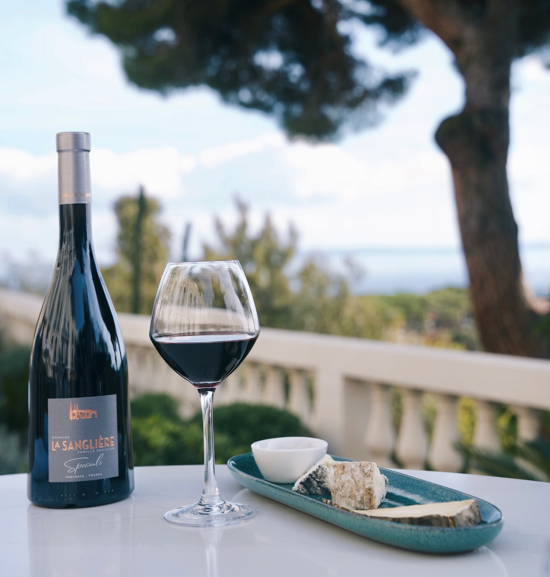 Dégustation de vin rouge Spéciale du Domaine de la Sanglière accompagnée d'un plateau de fromages sur une terrasse avec vue.